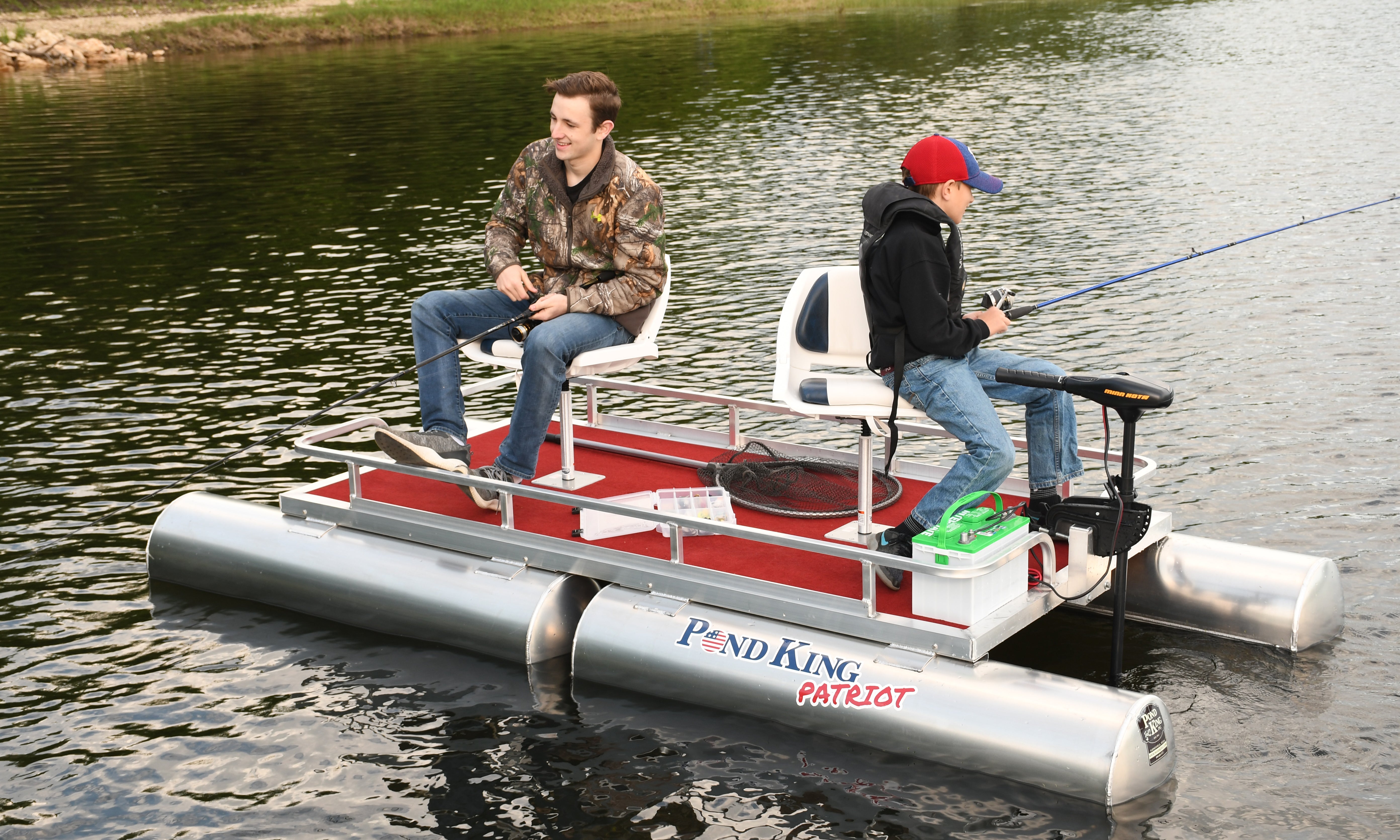 Patriot Mini Pontoon Boat  Two-Man Fishing Pontoon Boat – Pond King, Inc.