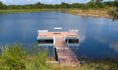 steel floating dock with benches and table