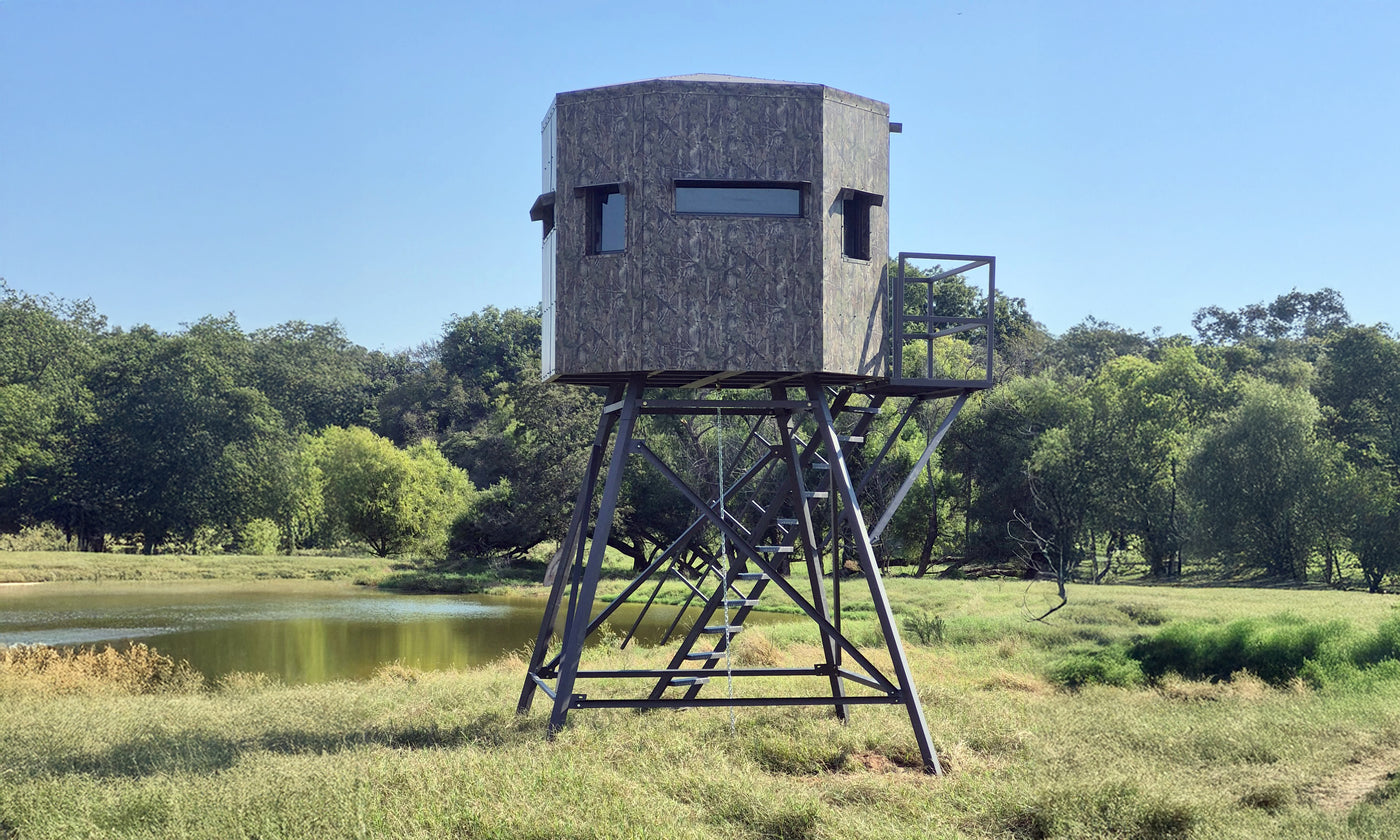 8x8 Deer blind on 10 foot tower next to pond