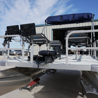 On the front of the boat is the Garmin Force. Above that sits the Garmin LiveScope system. 