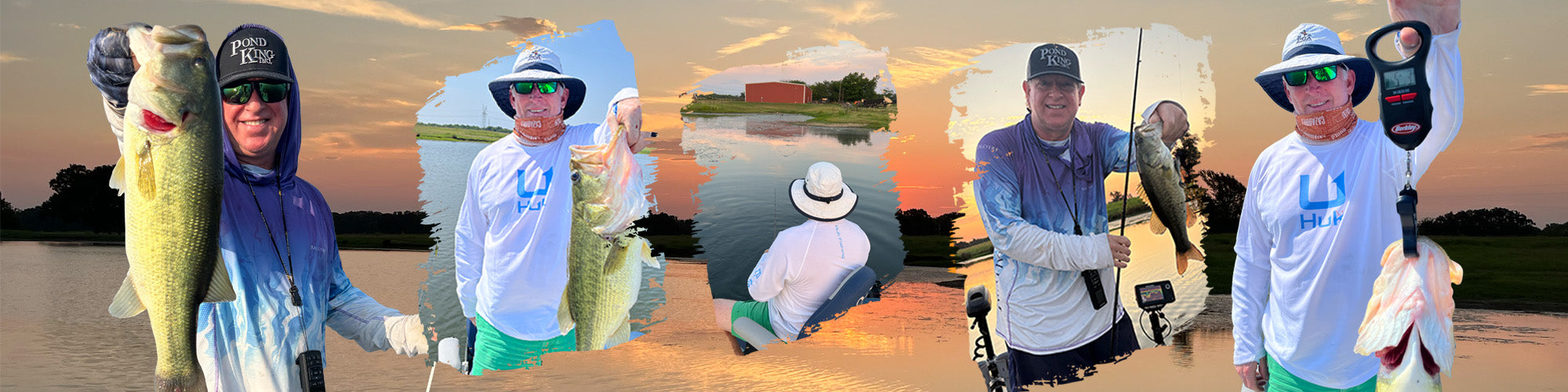 Collage of men holding a large bass fish with scenic backgrounds.