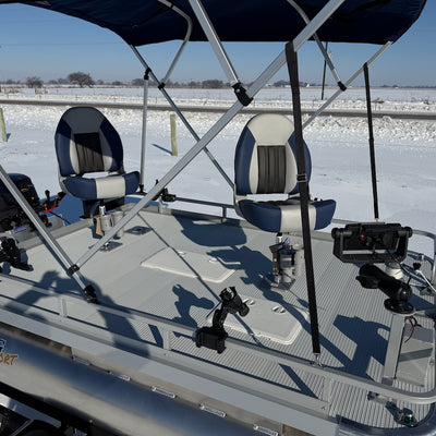 Mounted on the railing are 4 pro-adjustable rod holders. Under the deck there is a 20-gallon aerated livewell and an additional battery storage compartment. 