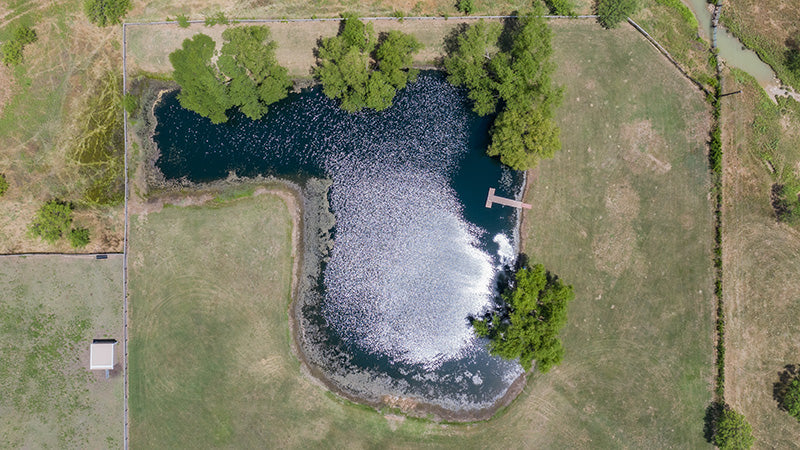 Aerial view of a small pond or lake surrounded by grassy fields and trees, with a narrow dock extending into the water.