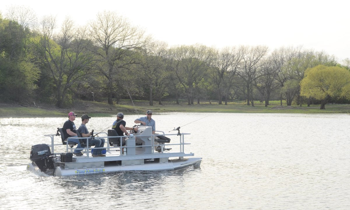 Highly Stable, Highly Maneuverable Mini Pontoon Boat with Four Fisherman
