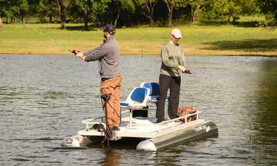 Couple fishing from Champ Small Pontoon Boat