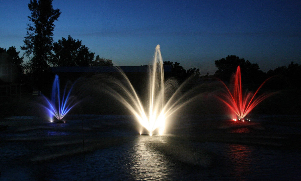 Multi-Colored Kasco Decorative Fountains at Night