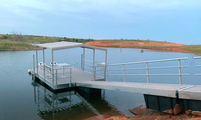 floating dock with awning on low water